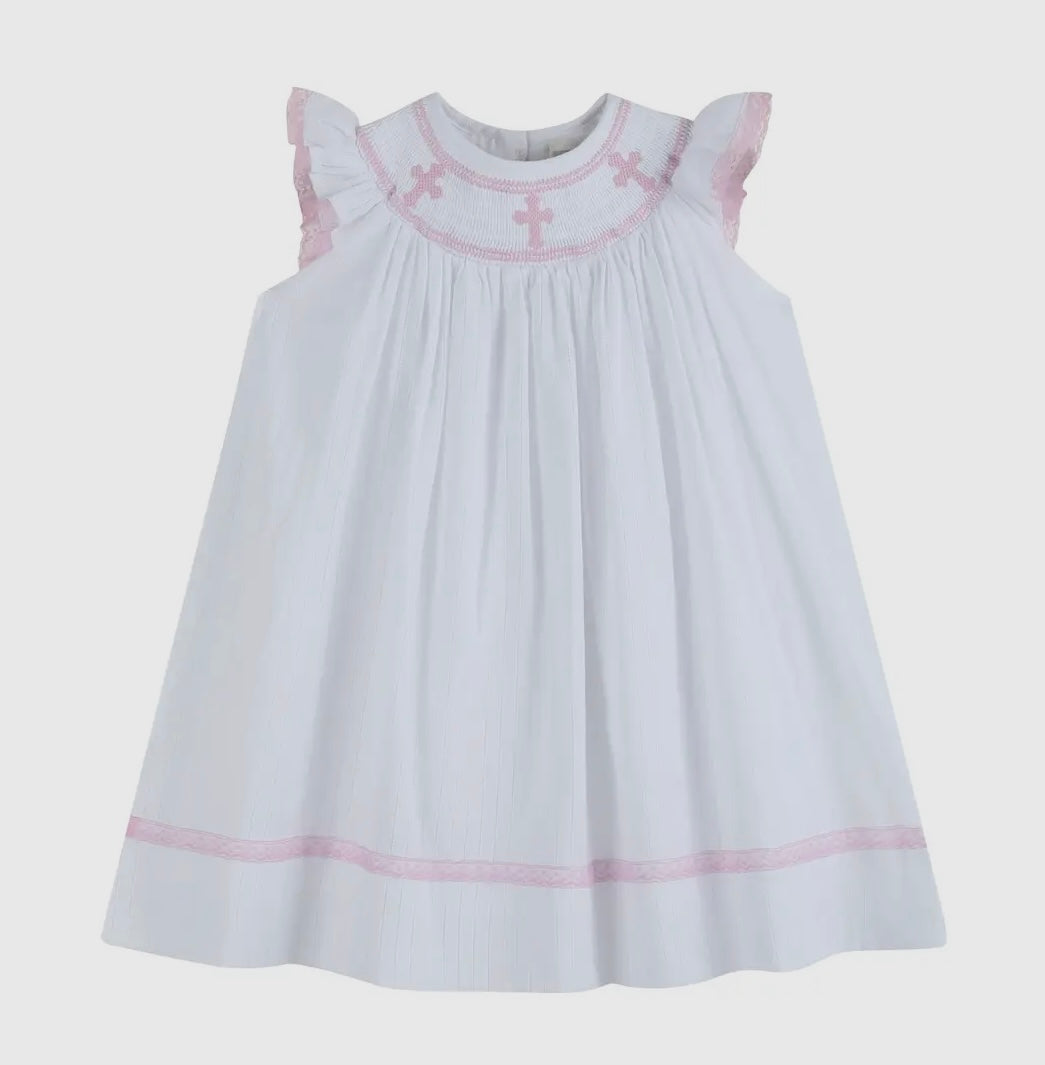 Pink and White Cross Smocked Bishop Dress