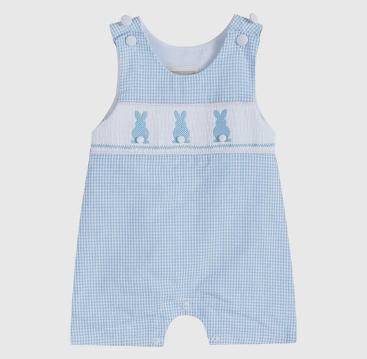 Blue Gingham Smocked Bunny Shortalls