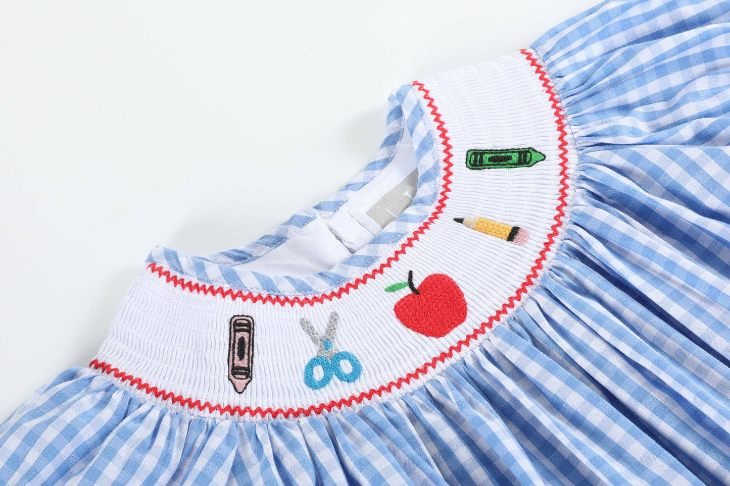 Blue Gingham School Supplies Smocked Bishop Dress