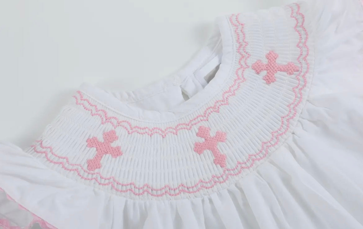 Pink and White Smocked Cross Bloomer Set