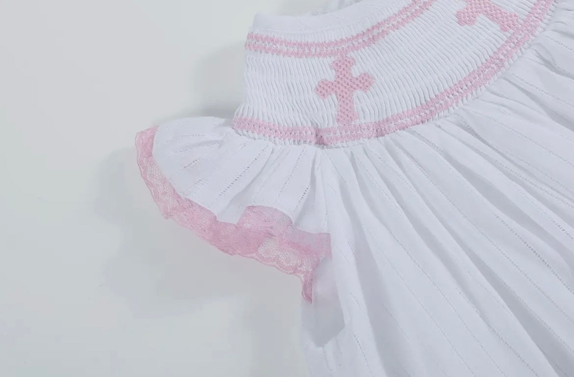 Pink and White Cross Smocked Bishop Dress