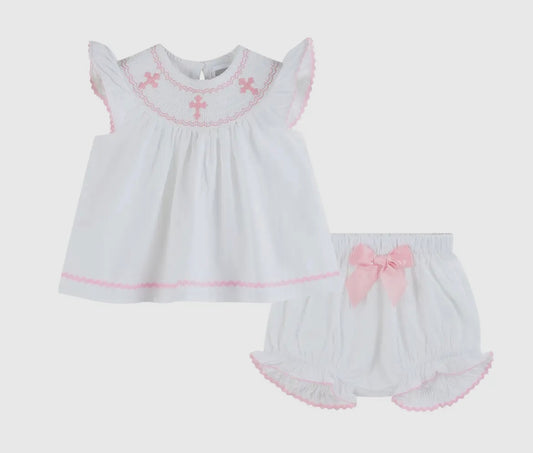 Pink and White Smocked Cross Bloomer Set