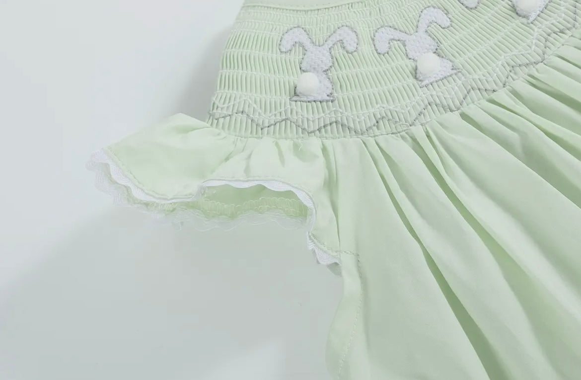 Honeydew Green Bunny Smocked Bishop Dress