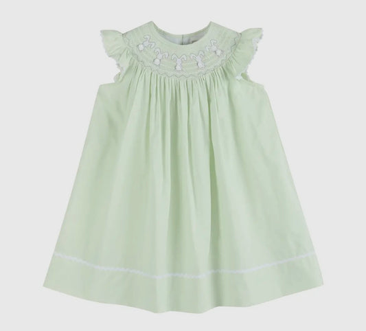 Honeydew Green Bunny Smocked Bishop Dress